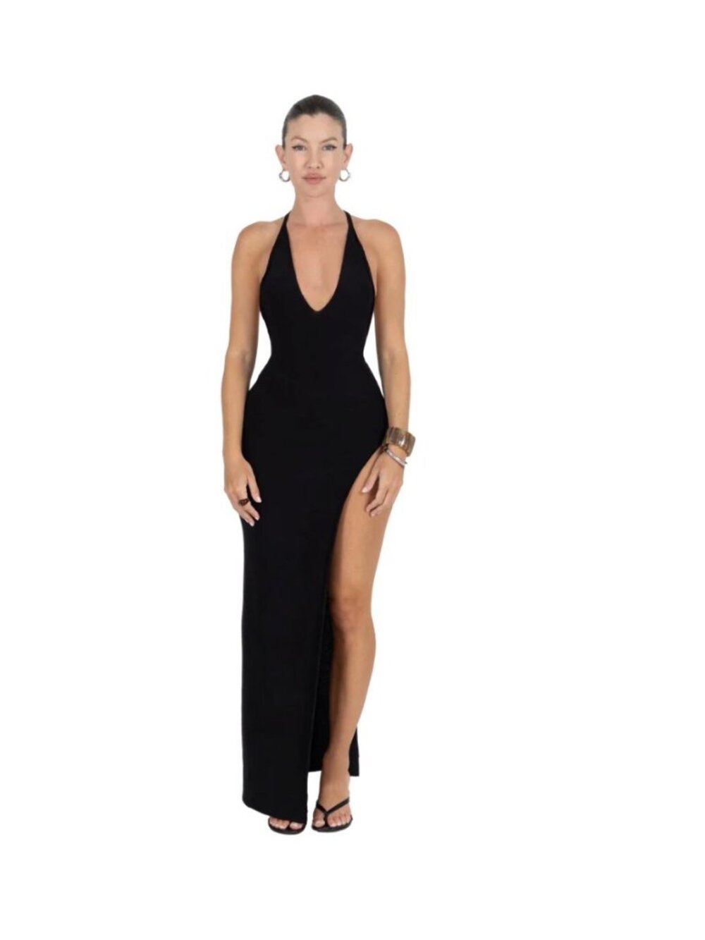 Davis Active Knit Halter Slit Dress Black Size L/XL Maxi